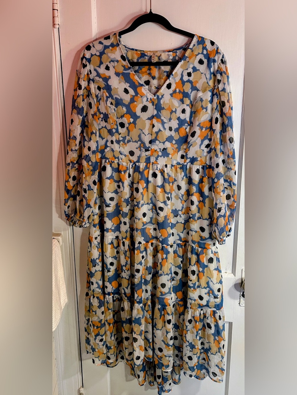 Joie Tiered V-Neck Long Sleeve Floral Midi Dress in Blue & Mustard size L